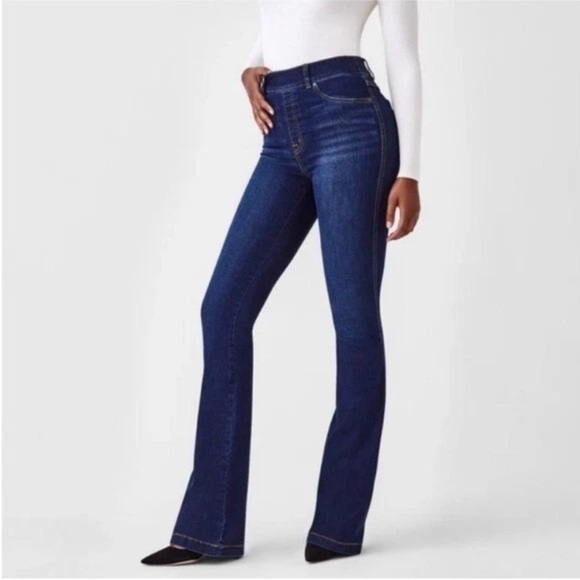 SPANX Denim - Spanx  Flare Jeans Midnight Shade Pull-on Stretch Boho Western Denim Size M NWT